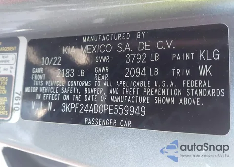 2023 Kia Forte Lxs z USA, uszkodzony, nr VIN 3KPF24AD0PE559949